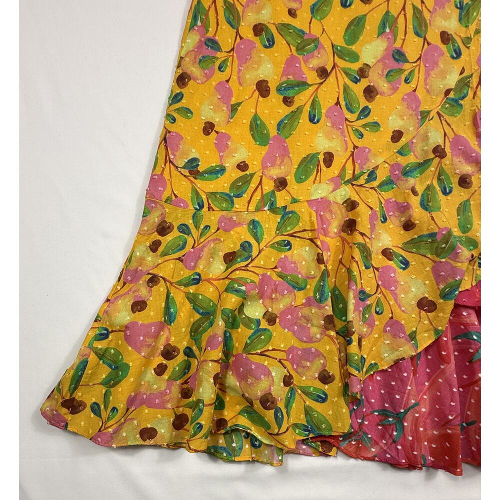 Anthropologie Farm Rio Garden Mix Print Wrap Skirt S Yellow Pears Pink Peppers  - Picture 7 of 10